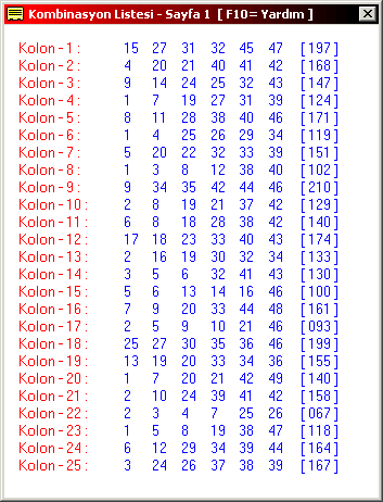 SKORLOTO 2005 - Combination List Window